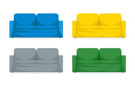 Vector set of bright beautiful sofas for interior design in blue, yellow, gray, green colors on an isolated white background. Comfortable modern flat style. Colored icons of home upholstered furnitureのイラスト素材