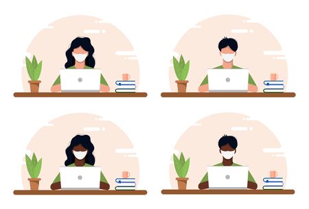 Work at home concept, coworking space flat illustration. Masked young people, men and women, freelancers working at home. Home office in crisis Covid-19. Vector flat style self-employed illustration.のイラスト素材