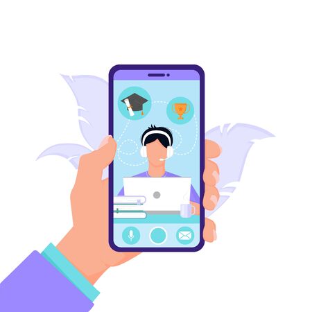 The concept of online education and distance learning from the phone for students and students. Hand holds the phone on an isolated white background in flat style. Vector illustration design.のイラスト素材