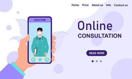Digital vector concept of online doctor consultation and diagnosis, banner template for website and mobile applications. Medicine and healthcare for web site. Flat style. Hand with a telephone.のイラスト素材