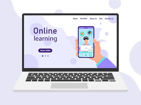 Digital vector concept of distance learning online banner template for website. Flat style in lilac colors. Electronic courses with a phone for students and schoolchildren on a laptop screen.のイラスト素材