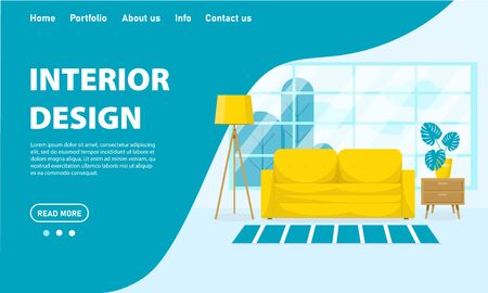 Vector living room interior design concept. Room with a sofa, bedside table, floor lamp, flower and large window. Flat style stock illustration. Template for web site, app design in blue colors.のイラスト素材