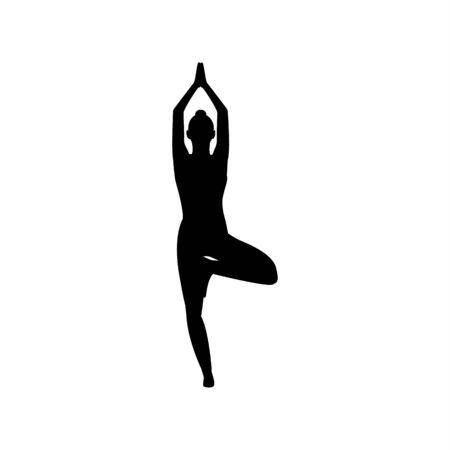 Vector black silhouette of a girl doing yoga exercise on an isolated white background. Flexible woman icon for app, site and logotype design for company. Stock illustration unit elementのイラスト素材