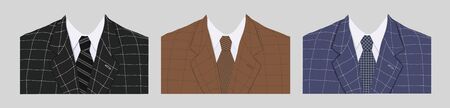 Vector set of jackets with ties for men in different colors with a stitch on a gray background. Stock illustration, template for greeting card and design of a clothing store. Business flat style.のイラスト素材