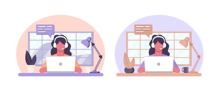 Vector home work concept on isolated white background. A girl in headphones sits at a table and works as an operator, answers messages in a call center. Stock graphics for dizan site and applicationのイラスト素材