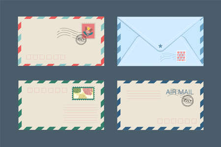 Vector set of isolated postal envelopes and postcards with postage stamps. The concept of sending and receiving parcels and letters of love, New Years envelope and Valentines Day. Stock Graphicsのイラスト素材