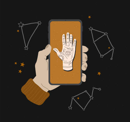 Vector mystical illustration of mudra hand with zodiac signs. Astrological and esoteric concept. Heromancy with the all-seeing eye. Stock graphics for website design, applications and print on fabricのイラスト素材