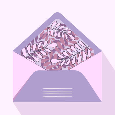 Vector postal open envelope and postcard with floral print on isolated background. Purple envelope for sending letters and mail, congratulations. Modern design for print.のイラスト素材