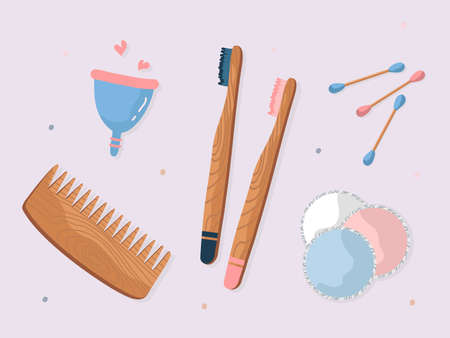 Set of Zero Waste durable and reusable hygiene items vector flat illustration. Collection of various eco friendly elements for care isolated. Wooden dish brush, comb, toothbrush, soap and cotton budsのイラスト素材