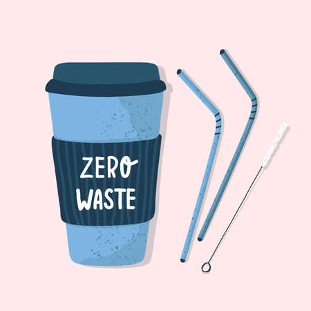 Zero waste. Thermo cup or reusable lidded cups for hot coffee or takeaway tea with metal straws and a cleaning brush. Hand-drawn style, flat design. Vector stock illustration. World environment dayのイラスト素材