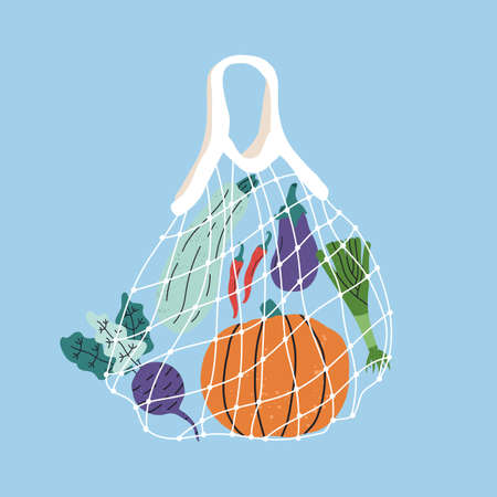 Mesh bag with vegetables on a blue background. Zero waste. Eco bag with various healthy products. Various fresh vegetables in a recycling bag. Plastic-free healthy lifestyle and vegetarianism conceptのイラスト素材