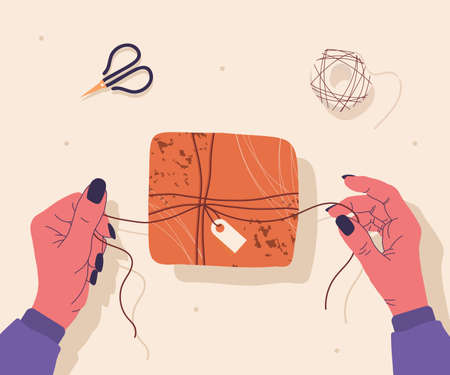 Hands and gift box on the table. Trendy illustration of hands, gift box, scissors and tree branch. On the table, top-down view. Hand-drawn modern illustration for web and print.のイラスト素材