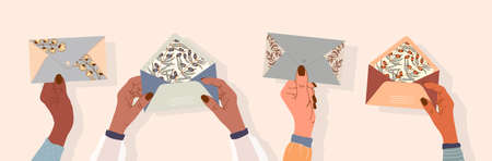 Hands are holding envelopes. Post and greeting cards for letters. modern design for websites and...