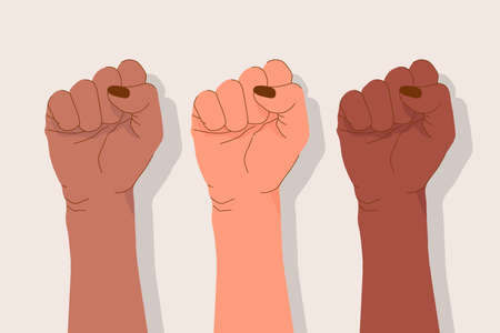 Multinational female hands. Diverse nationalities. Female power concept. Delicate feminine fists. Stock colorful illustration. Design for the website and the Internet. Hand-drawn style.の写真素材