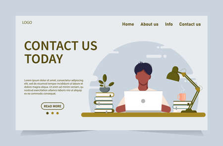 Concept template for web site and banner chat customer service support. The guy the African operator at the laptop works from the home office, online training. Flat style, design vector graphics.のイラスト素材