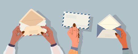 Hands are holding envelopes. Post and greeting cards for letters. modern design for websites and applications. Hands of different nationalities. gentle female hands. Vector stock illustration.のイラスト素材