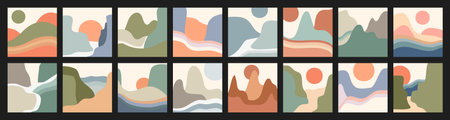 Vector illustration in simple minimal geometric flat style. Trendy minimalist abstract landscape illustrations. Set of hand drawn contemporary artistic posters. Hills, clouds, sun. Pastel coloursのイラスト素材