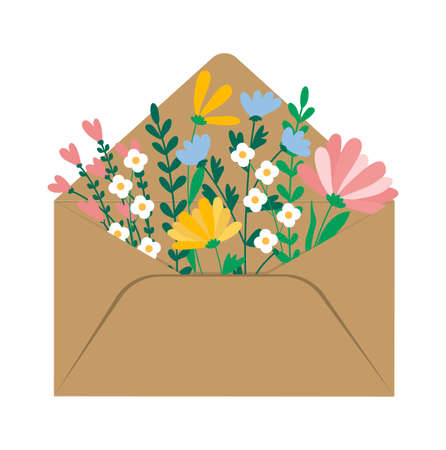 Valentines day greeting card. Happy Womens Day March 8. Cute cards and posters for the spring holiday. Vector illustration on white background. Love envelope with flowers. Bouquet of spring flowers.のイラスト素材
