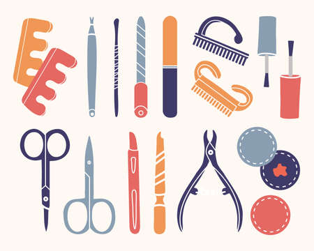 Vector set of manicure tools. Various manicure accessories. Nail scissors, nail file, tweezers, nail polish, hand cream, polish remover, brush etc. Hand-drawn style. Cosmetic set for a pedicure.のイラスト素材