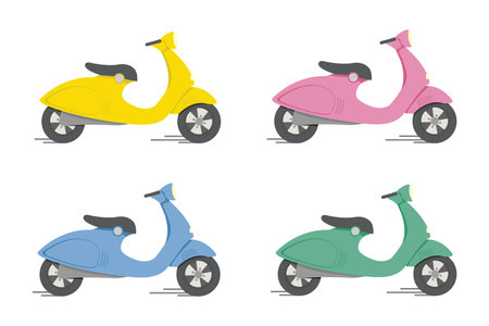 Set of mopeds. Vintage scooter. Set of multi-colored motorcycles. Personal transport for travel and delivery around the city. Vector stock illustration.のイラスト素材