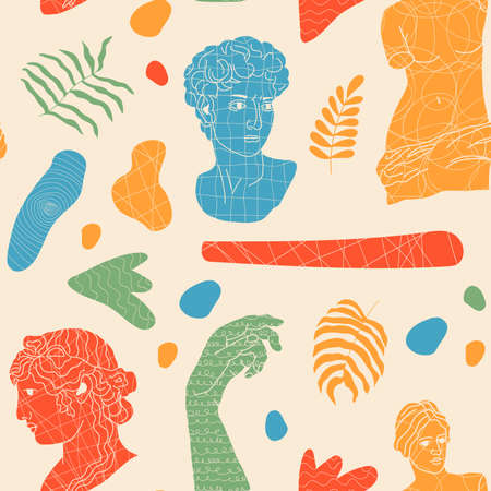 Abstract seamless pattern with antique elements,Greek Gods and Goddess sculpture drawing, pillar, shapes, sun, moon, leaves. Minimal line art and hand drawn illustrations.のイラスト素材