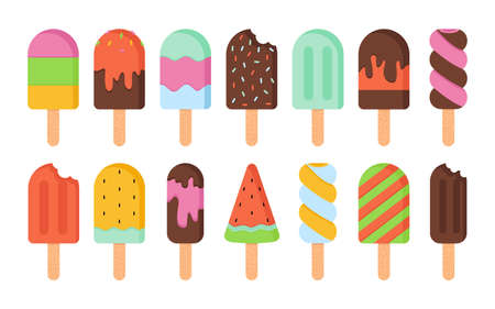 Ice cream collection. Colorful bright ice cream for children. Vector stock illustration. Summer dessert snacks collection. Sweet design elements, isolated on white background.のイラスト素材
