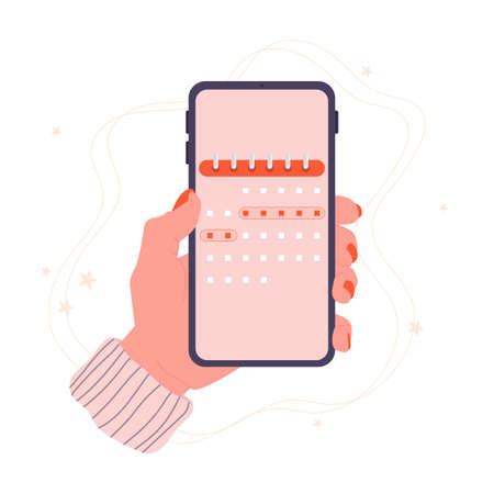 Menstrual cycle. Phone in hand with a calendar. Period. Phone app, ovulation tracking. Vector stock illustration on isolated white background.のイラスト素材