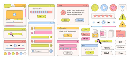 90s retro vaporwave old desktop user interface elements. Cute nostalgic computer ui, vintage aesthetic icons and windows vector set. 90s interface digital, retro window computer stock illustrationのイラスト素材