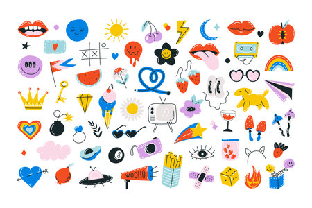 Retro 70s hippie stickers, groovy elements. Cartoon funky flowers, rainbow, vintage hippy style element vector set. stock vector graphic. flowers, rainbow, heart, emotionsのイラスト素材