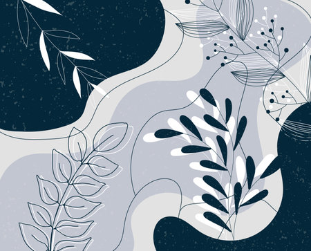 Botanical banner with organic shapes, leaves, branch and plants. Abstract natural elements in trendy doodle style for holiday, business. Simple, minimal design. Modern trendy vector backgroundのイラスト素材