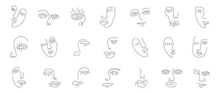 Modern abstract line minimalistic women faces arts set. Set of portraits. Simple, minimalist vector stock illustration of beautiful woman face. Line drawing. Different woman faces. One line art.のイラスト素材