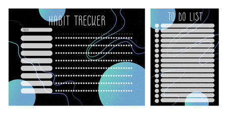 Habits tracker and to-do-list with frame decorated by universe. Printable pages for task organization or planning. Bullet journal template. Vector illustration. Monthly planer.のイラスト素材