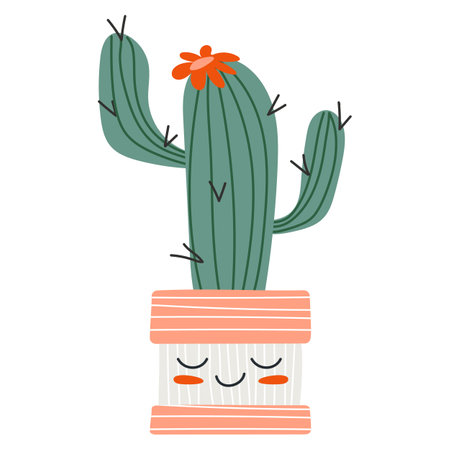 Kawaii plant in a flower pot. Sticker of a plant with a cute smile for kids. exotic plant. Cute plant on isolated white background. vector stock illustration.のイラスト素材