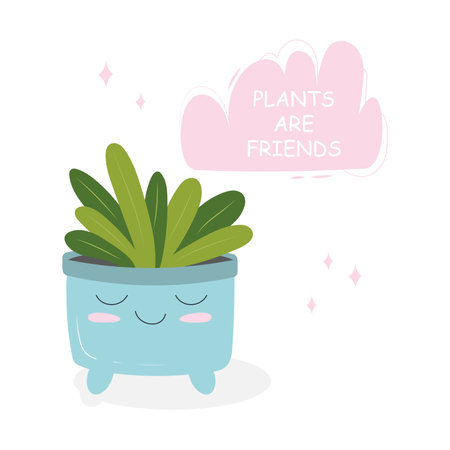 Postcards with a picture of a houseplant in a pot with a slogan about a friend. Cute kawaii houseplants with lattering, plants are friends. Vector illustration isolated on white background.のイラスト素材