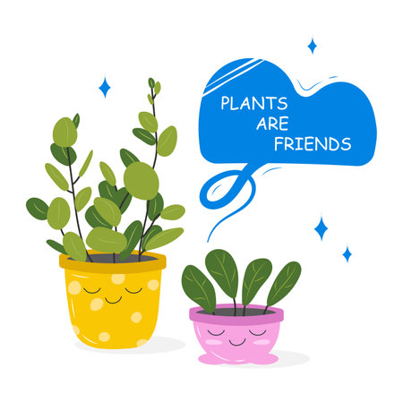 Postcards with a picture of a houseplant in a pot with a slogan about a friend. Cute kawaii houseplants with lattering, plants are friends. Vector illustration isolated on white background.のイラスト素材