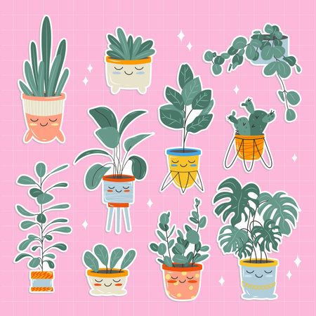 Set of cute stickers of kawaii houseplants in flower pots. Exotic plants, monstera and other decorative flowers. Vector stock illustration. Childrens illustration of stickers for kids.のイラスト素材