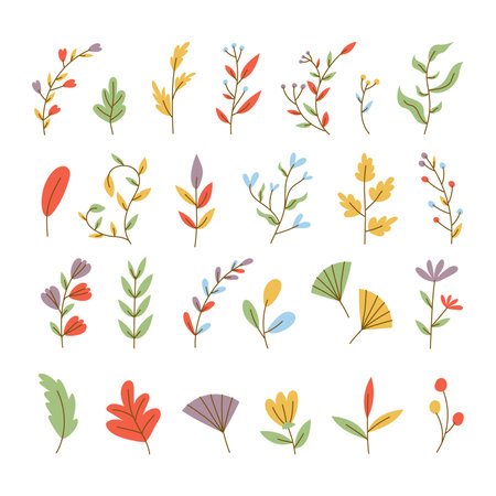 Various Branches with Flowers, Leaves and Berries. Hand drawn Colorful trendy illustration. All elements are isolated. Vector stock illustration, all elements isolated.のイラスト素材
