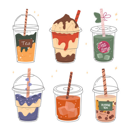 Milkshake and Taiwanese bubble tea. A set of soft drinks and iced tea. Pearl milk tea, Yummy drinks, coffees, sparkling soft drinks. Vector stock illustration for design of banners, menus.のイラスト素材