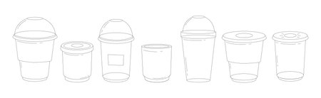 A set of plastic cups for cold drinks. Plastic cup template silhouette on isolated white background. line icon. Editable stroke. Doodle style. Vector stock illustration.のイラスト素材