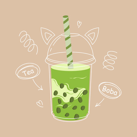 Boba tea. Asian Taiwanese drink. Hand drawn colored trendy vector illustration with text. Cartoon style. Flat design. Taro Bubble tea. Milk tea with tapioca pearls. Luttering with doodle elements.のイラスト素材