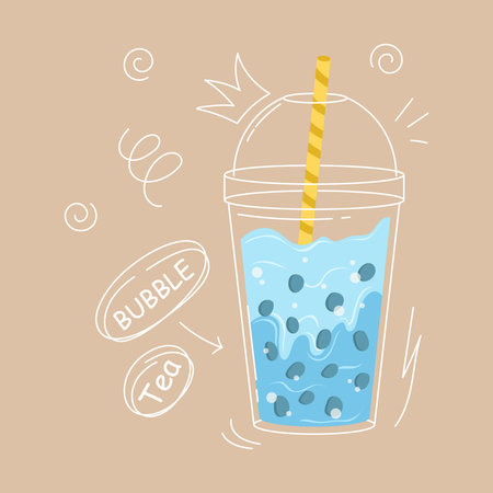 Tasty Bubble tea. Milk tea with tapioca pearls. Boba tea. Asian Taiwanese drink. Hand drawn colored trendy vector illustration with text. Cartoon style. Flat design. Beverage recipe.のイラスト素材