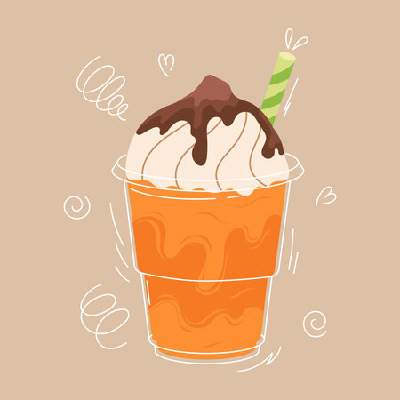 Delicious mango milkshake. Milk tea in a plastic glass with a straw. Cool summer drink with latter and doodle elements. Hand drawn colorful trendy vector illustration. Cartoon style. flat design.のイラスト素材