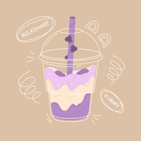 Blueberry bubble milk tea or milk cocktail. A glass of drink with a tubule. Milk tea in a plastic glass with a straw. Cool summer drink with latter and doodle elements. Trendy vector illustrationのイラスト素材