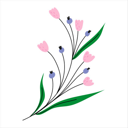 Spring summer flowers isolated on white background. Easter decoration. Set of floral branch. Hand drawn elements. Good for greeting cards, invitations, flyers and other graphic design. leavesのイラスト素材