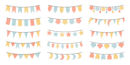 Multicolored set of bright garlands for the holidays. Colorful collection of various garlands. Design elements for the design of greeting cards, invitations. Vector stock illustration.のイラスト素材