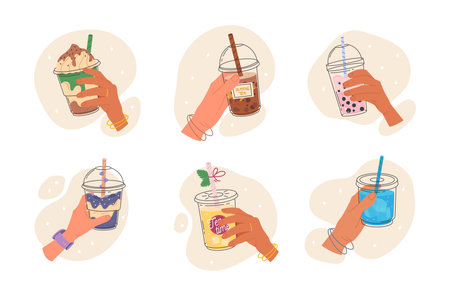 Set bubble tea cups in hands. Sweet boba tea, hand holding bubble tea, popular taiwanese drink. Milk cocktail with cream. Drink bubble tea, beverage ice in hand. Vector graphics in hand drawn style.のイラスト素材