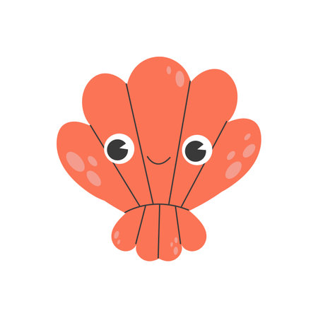 Illustrations with a happy red shell with cute eyes and a kawaii smile on a white background in cartoon style. Red clam icon for kids design. Vector stock illustration isolated on white background.のイラスト素材