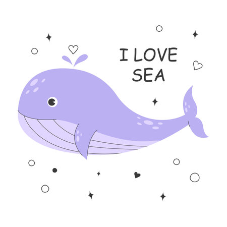 Cute purple whale swimming in sea or ocean with lattering I LOVE SEA. Giant underwater animal. Poster with cute marine purple whale. Childish colored flat vector illustration isolated on white.のイラスト素材