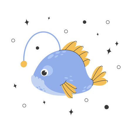 Cute angler fish. Childish illustration of fish with doodle elements. Monkfish living at the bottom of the ocean. Vector illustration on a white background.のイラスト素材