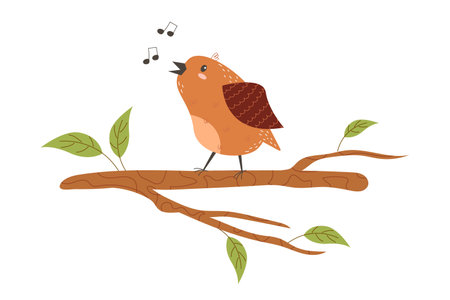 Cute bird sits on a tree branch. Funny curious sparrow. Charming funny wild bird, feathered on a twig. Flat vector stock illustration isolated on white background. Spring bird on a blossoming tree.のイラスト素材
